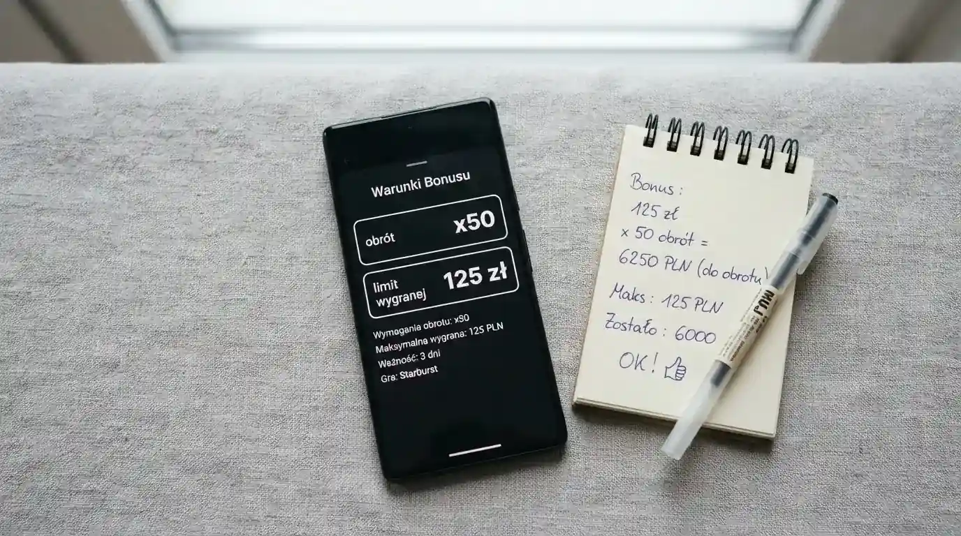 Zbliżenie na warunki bonusu na ekranie telefonu — podkreślone pole „wymóg obrotu x50” i „maksymalna wypłata 125 zł”, obok leży polski dowód osobisty