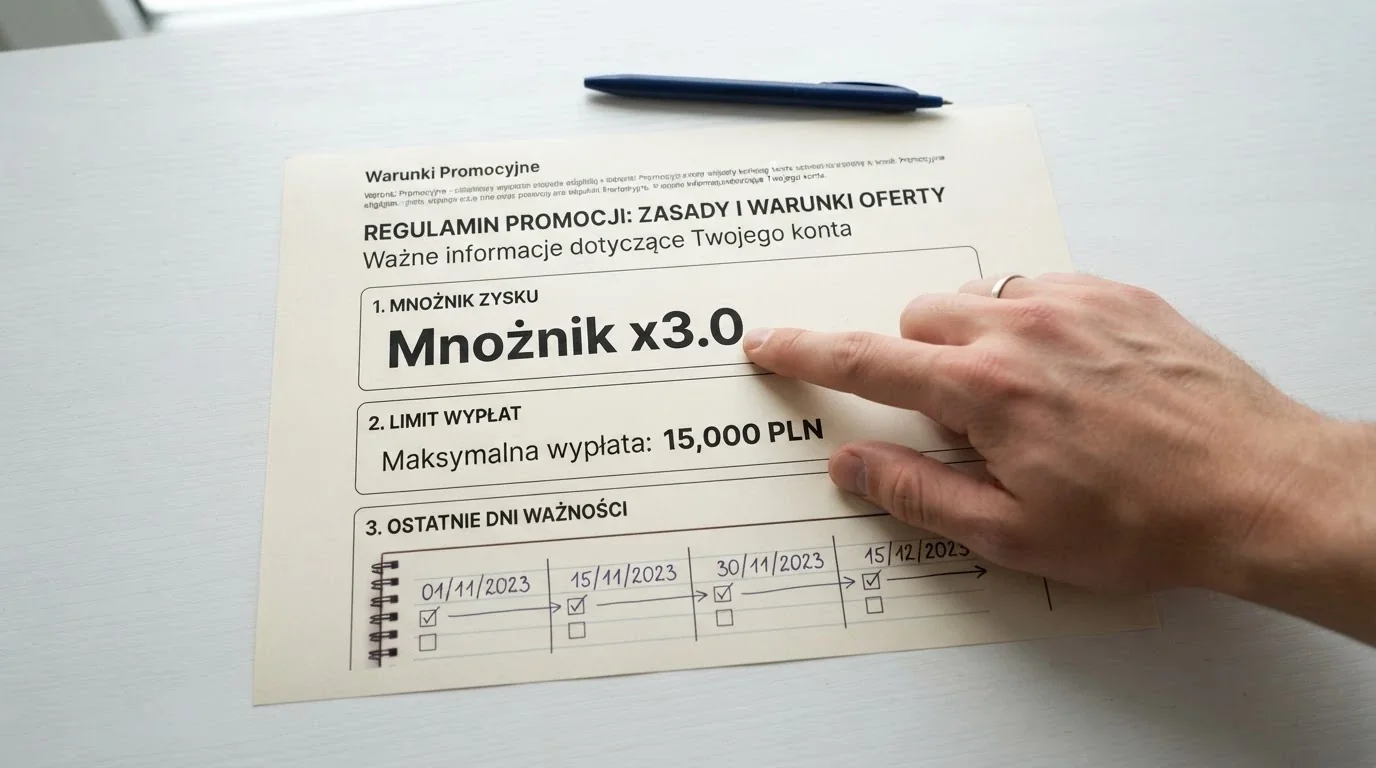 Zbliżenie na sekcję warunków bonusu w regulaminie kasyna — widoczne pola: wymagany obrót, limit wypłaty, ważność