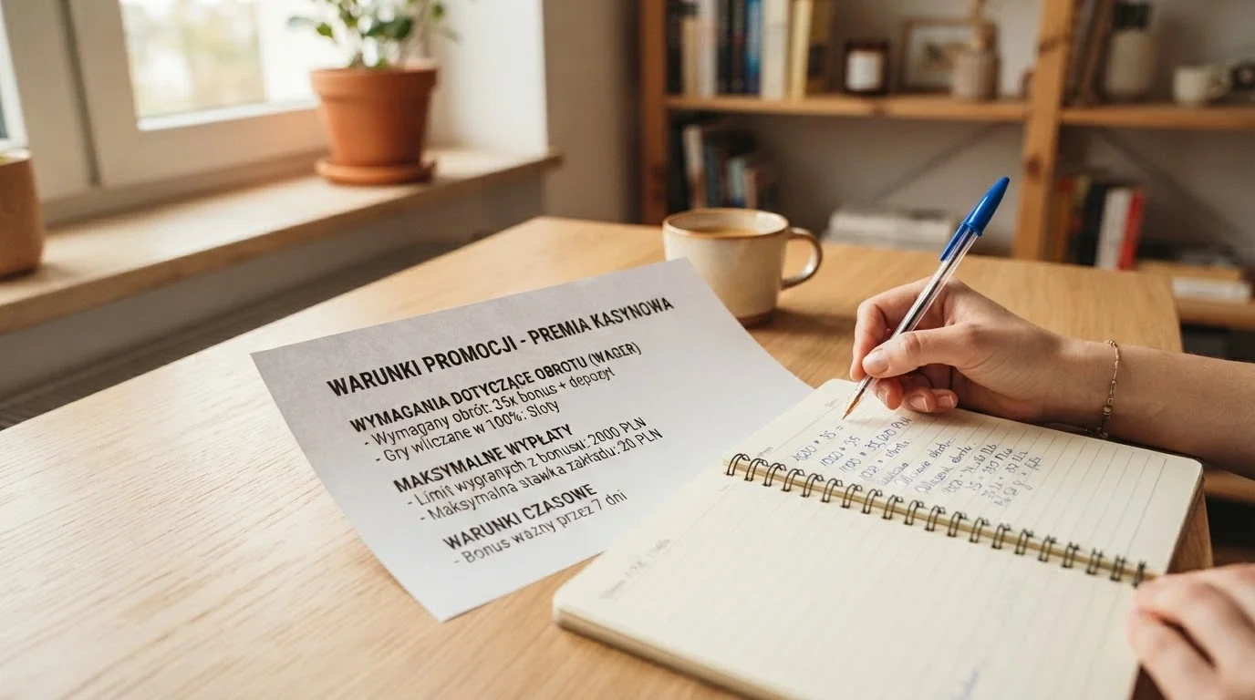 Zbliżenie na fragment regulaminu promocji z widocznymi polami: „wymóg obrotu”, „maksymalna wypłata z bonusu” i „czas na spełnienie warunków” — obok kalkulator i długopis