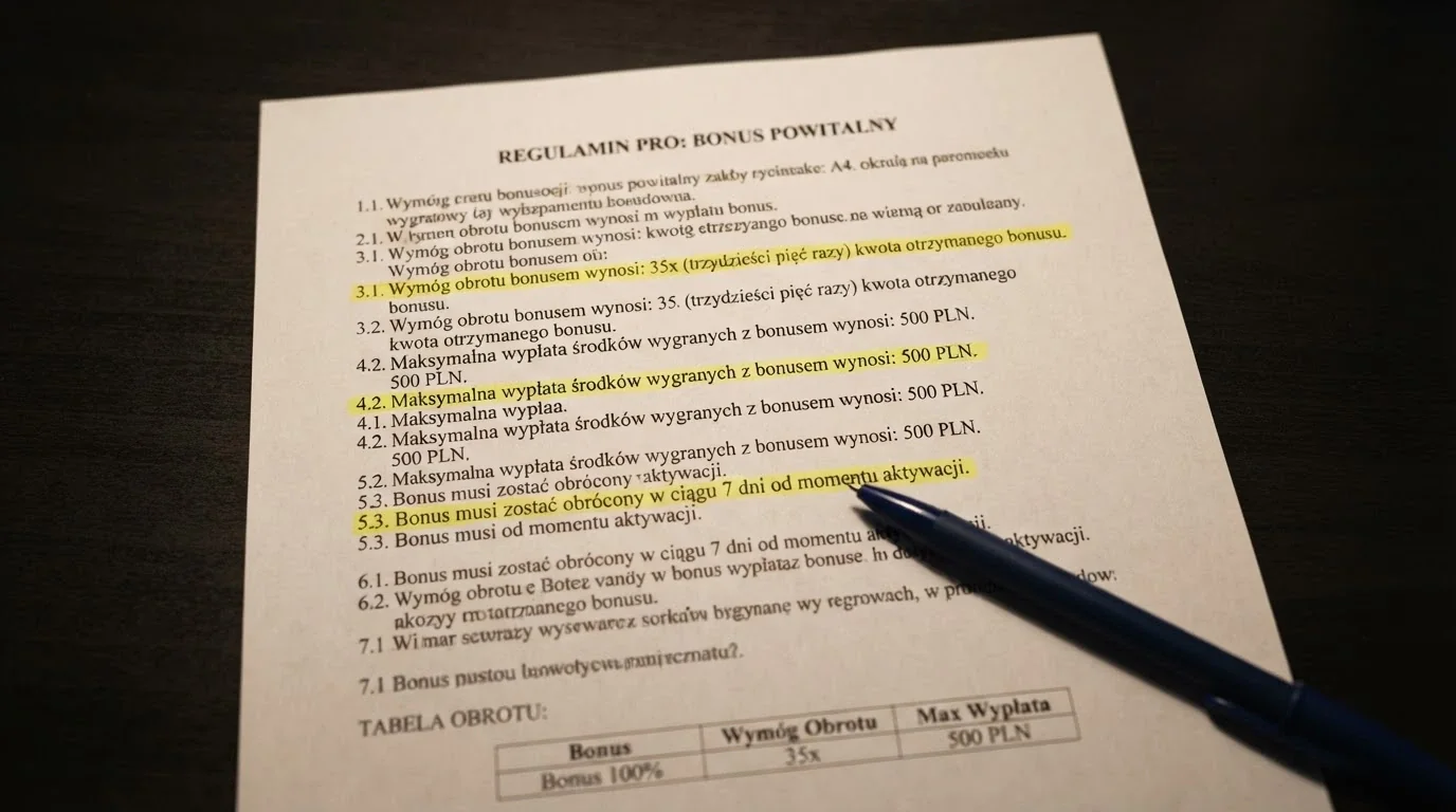 Zbliżenie na fragment regulaminu promocji z zaznaczonymi warunkami obrotu i limitem wypłaty
