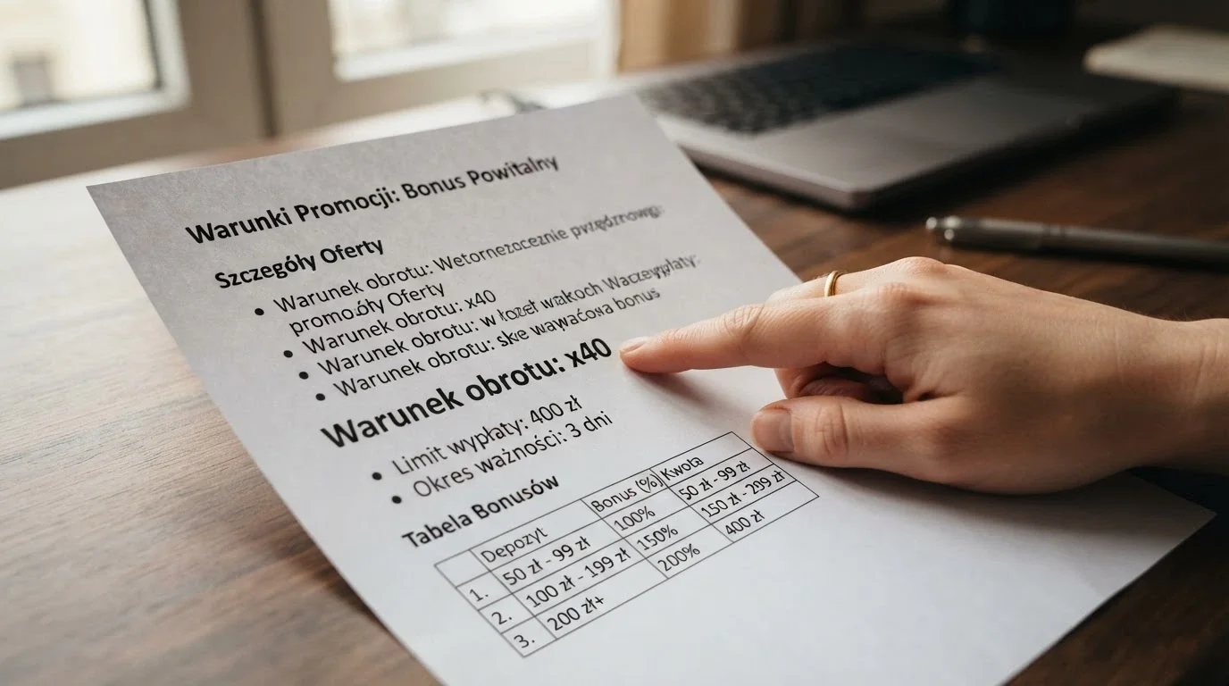 Zbliżenie na warunki promocji — dokument z zapisami wageru, limitu wypłaty i okresu ważności