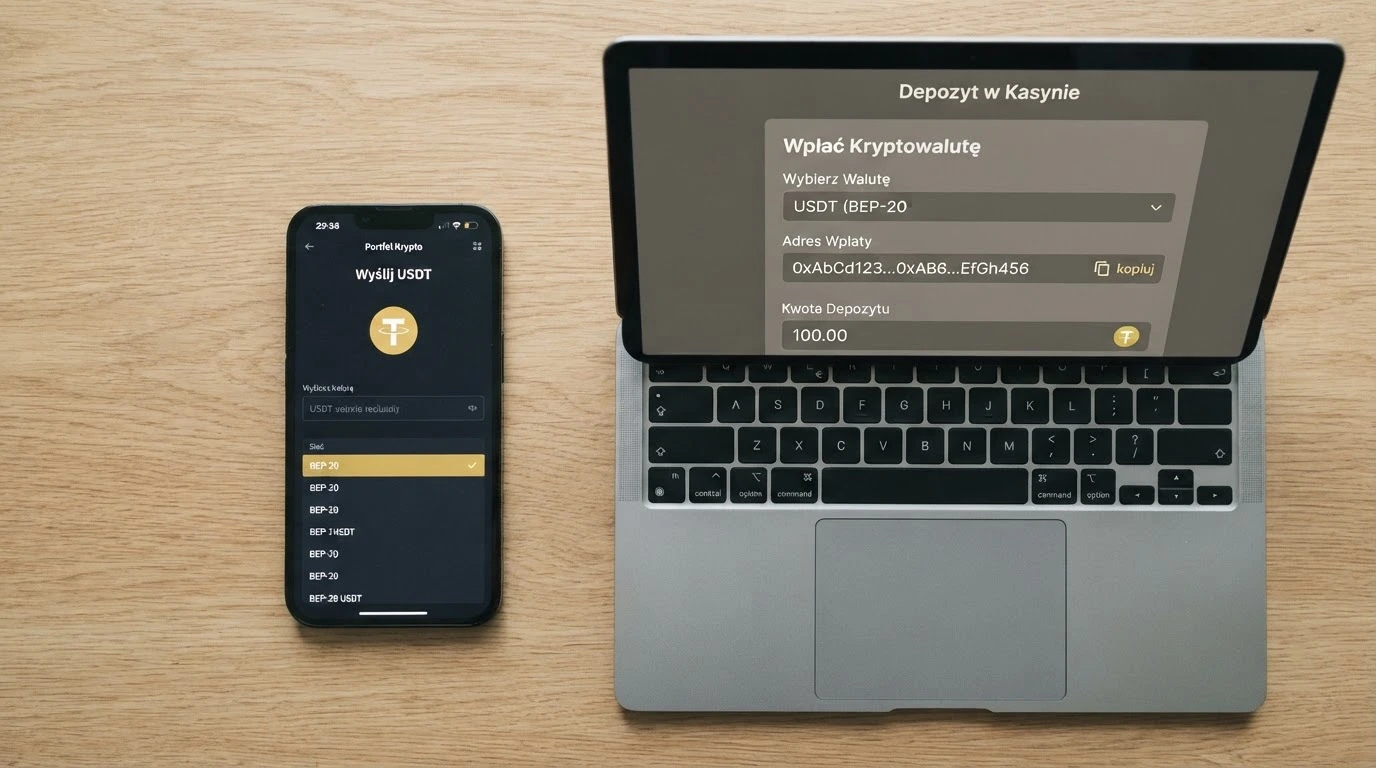 Interfejs portfela kryptowalutowego z zaznaczoną siecią BEP-20, obok ekran kasyna online z adresem depozytu BNB