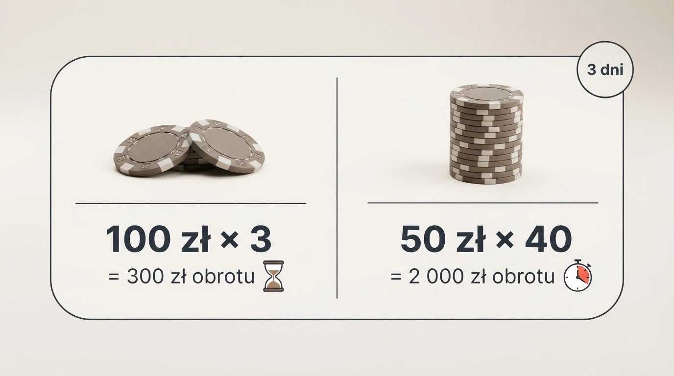 Infografika porównująca dwa scenariusze obrotu bonusem: 100 zł × 3 = 300 zł obrotu oraz 50 zł × 40 = 2000 zł obrotu, z zegarem i stosem żetonów